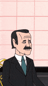 a cartoon drawing of a man with a mustache wearing a suit and tie