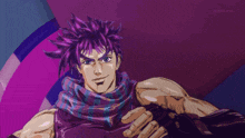 a man with purple hair and a scarf around his neck stands in front of a tokyo mx sign