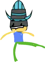a cartoon character wearing a blue shirt and a black hat with horns