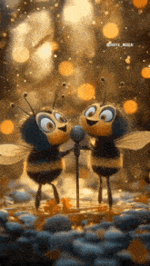 two bees are singing into a microphone while standing on rocks .