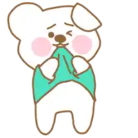 a cartoon drawing of a white teddy bear wearing a green shirt