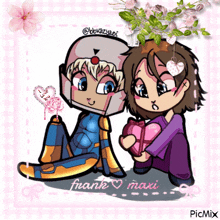 a cartoon of frank and maxi sitting next to each other on a pink background