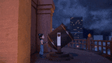 a cartoon girl stands in front of a large cube with a light coming from it