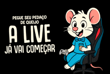 a cartoon mouse is sitting in a chair holding a controller and a glass of water
