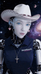 a robot wearing a cowboy hat and a shirt that says botcitadglamor556