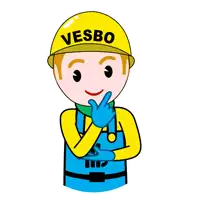 a cartoon drawing of a man wearing a yellow helmet with the word vesbo on it
