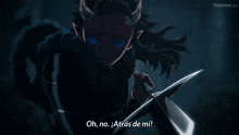 a person is holding a sword in a dark room with the words lagrimas de golpe de lanza written on the bottom