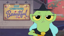a cartoon witch is standing in front of a sign that says keep chibiverse beautiful