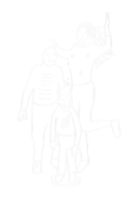 a black and white drawing of a man and a woman jumping in the air