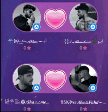 a purple background with four men in circles with hearts and stars