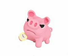 a pink piggy bank is holding a yellow clock that says ' i ' on it