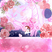 a girl is surrounded by pink roses hearts and a blue balloon