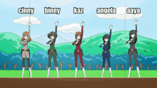 a group of anime girls with the names cinny binny kaz angela and aaya on them