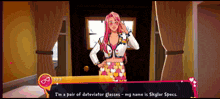 a woman with pink hair and glasses is standing in front of a door and talking to someone in a video game