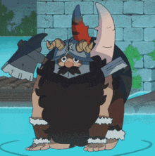 a cartoon character with a beard and horns is standing in a pool of water