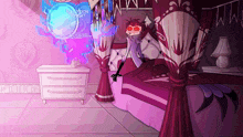 a cartoon character is laying in a bed with a full moon tonight sign above him