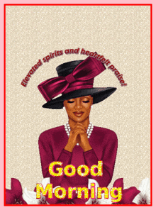 a woman wearing a hat and pearls is praying with the words " flavored spirits and heartfelt praise " below her