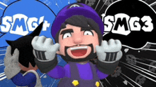 a cartoon character with a beard is wearing a purple hat and gloves and says smg3 on the bottom