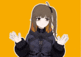 a cartoon girl with brown hair and a black jacket has her hands outstretched