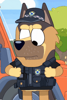 a cartoon dog wearing a police uniform and hat