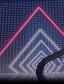 a girl with long blue hair is standing in front of a stage with a purple and white light behind her