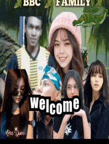 a group of people standing next to each other with the words welcome on the bottom