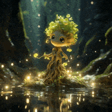 a cartoon tree with roots and leaves is sitting in the water