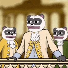 a cartoon of three panda bears standing on a balcony with a building in the background