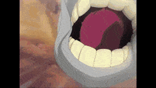 a close up of a cartoon character 's mouth with a purple ball in it
