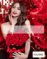 a woman in a black dress is holding a bouquet of red roses in front of red balloons and the word diajeng