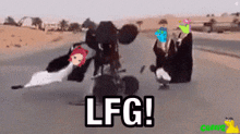 a cartoon of a man riding a motorcycle with the words lfg written on the bottom