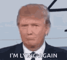 donald trump is wearing a suit and tie and saying `` i 'm laying again '' .