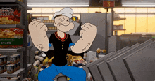popeye shows off his muscles in front of a shelf of chips
