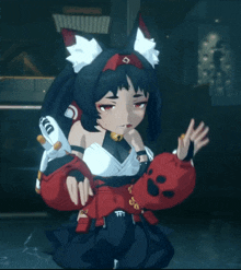 a girl in a red and black outfit has a ff logo on her belt