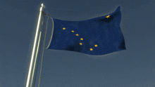 a blue flag with yellow stars on it is waving in the wind