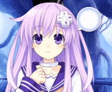 a purple haired anime girl with a white cross on her head
