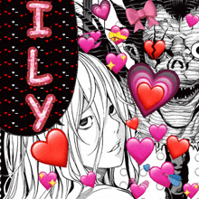a black and white drawing of a girl with hearts around her and the words " i love you "