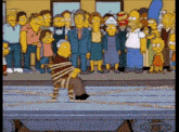 a group of simpsons characters standing around a man tied up with rope