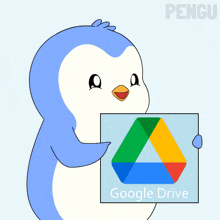 a penguin is holding a sign that says " google drive "