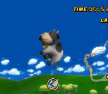 a video game screen shows a cow flying through the air and the time is 00:53