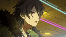 a man with black hair and purple eyes is wearing a green jacket and a pearl necklace