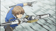 a boy in a blue shirt is holding a sword that has the letter h on it