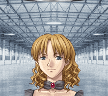 a woman with blonde hair and blue eyes is standing in an empty building