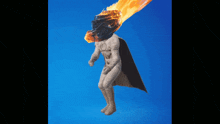 a man with a cape and a helmet on his head is flying through the air .