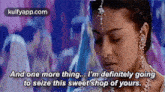 a woman is talking about going to a sweet shop .