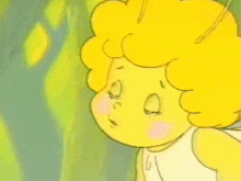 a close up of a cartoon character with a yellow curly hair and wings .