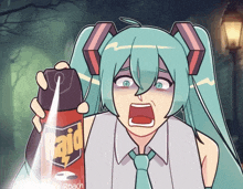 a cartoon of a girl holding a raid spray