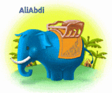 a blue elephant with an orange saddle and the name aliabdi