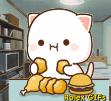 a cartoon cat is sitting at a table eating chicken and a hamburger with rolex gifs in the corner