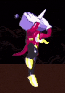 a pixel art of a cartoon character with a tv head and antennas dancing .